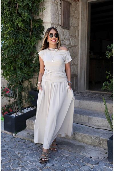 QİMYA BUTİK Sandy Fabric Two Pieces Set - Boat Neck, Sleeveless and Draped T-Shirt Bottom and Loose Skirt