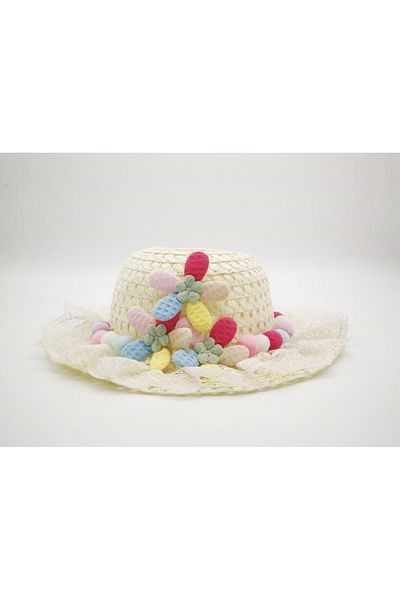 By Piera Girl's Lace Pompom Design Straw Hat 8774
