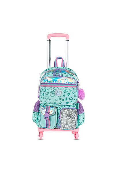 Eazy Kids مجموعة حقائب مدرسية مقاس 17 بوصة، مكونة من 4 قطع، مع عربة بأربع عجلات، وحقيبة غداء، وحقيبة أقلام - لون أخضر لاف