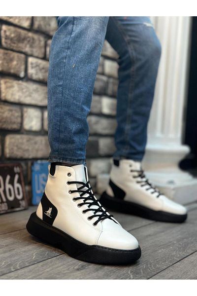 Byshoes BA0155 Lace-Up Men's High Sole White Black Sole Sports Boots
