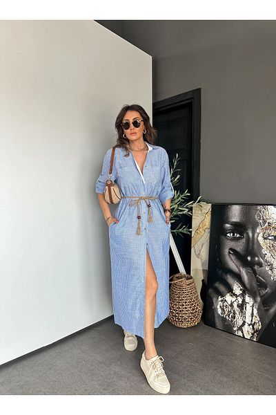 QİMYA BUTİK EXOTIC & ASORTIC - Striped Linen Shirt Dress, Long Sleeve and Oversize Fit with Straw Belt