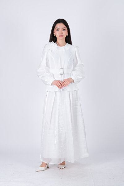 CLIO Clio Organza Sleeve Chiffon Skirt Suit with Belt