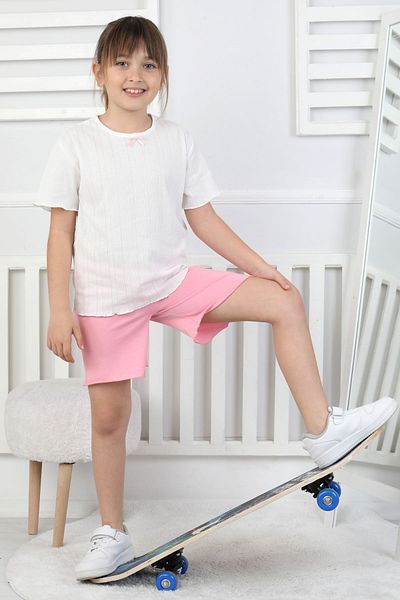 ZUZUNGA T-Shirt-Shorts Bow Detailed White-Pink Color Girls' Pajama Set