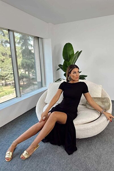 BUKETLİ Women's Crew Neck Lycra Slit Detail Open Back Combed Cotton Flared Dress
