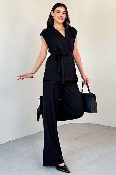 Cappmoda Tkm-13290 Black Linen Flap Collar Belted Vest Loose Trousers Double Set