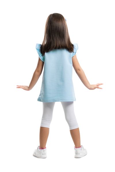 Denokids Set tricou și jambiere de vară albastru și alb pentru fete - cu pisică și detaliu de buzunar