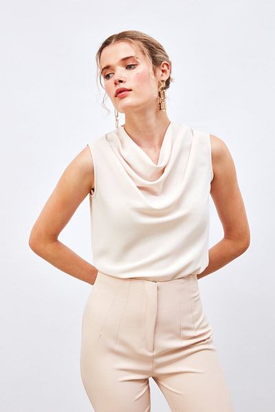 Sateen Plunging Neck Sleeveless Blouse