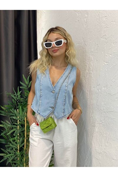 QİMYA BUTİK Denim Vest with Fake Studs