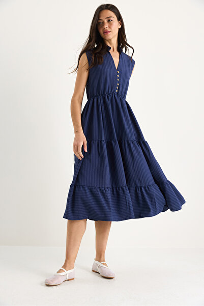 Bianco Lucci Women's Striped Elastic Waist V-Neck Flounce Summer Modal Dress 7009 60283385