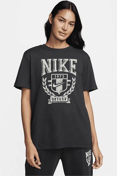 Nike Αθλητικά ρούχα Fleece Boyfriend Βαμβακερό μπλουζάκι με κοντό μανίκι, φαρδιά γυναικεία μπλουζάκι Anthracite