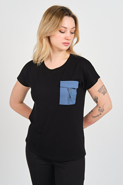 Sistas Women's Low Sleeve Single Pocket Detailed Crew Neck Blouse 24107 Black