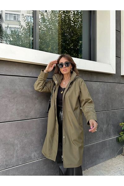 QİMYA BUTİK معطف واق من المطر نسائي بغطاء للرأس وخصر برباط وأكمام واسعة بتصميم فضفاض