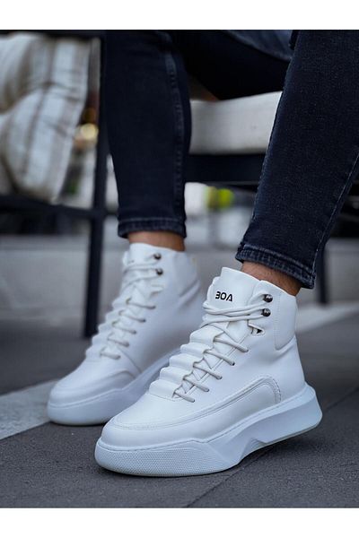 Byshoes BA0321 Hidden Lace Men's High Sole White Sports Boots