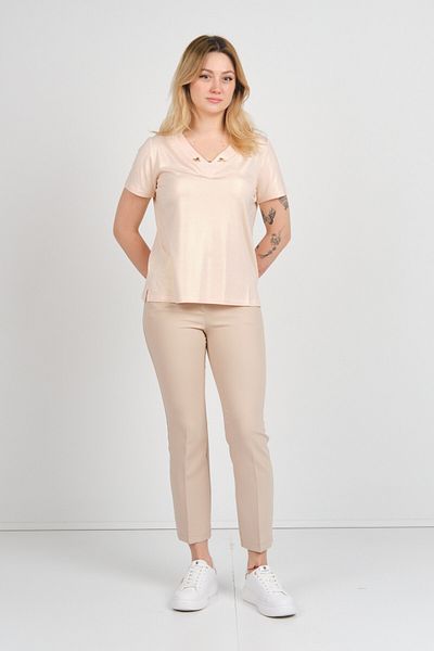 ELLA CAMELIA Women's Collar Detailed Shiny Fabric Side Slit Blouse 4E29 Powder