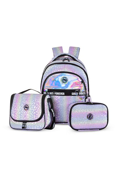 Eazy Kids مجموعة حقائب مدرسية من 3 قطع مقاس 17 بوصة مع حقيبة غداء وحافظة أقلام - جود فايبز - فضي