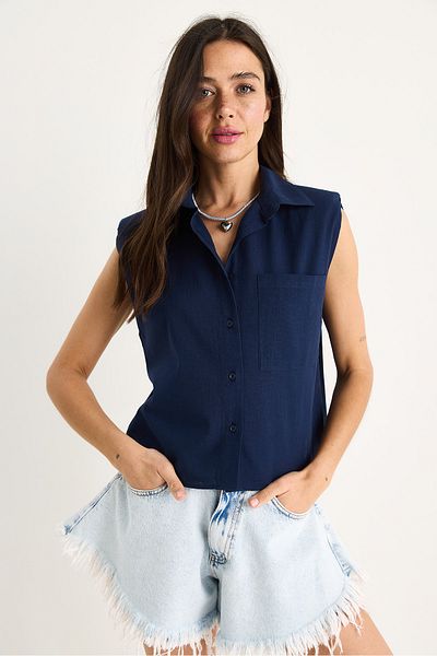 Bianco Lucci Women's Padded Thick Strap Linen Textured Cotton Shirt G28-4912 60283351