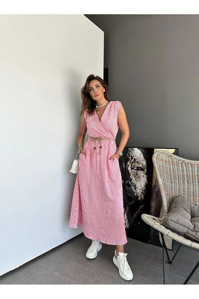 QİMYA BUTİK EXOTIC ASORTIC - Rochie de damă, fără mâneci, cu guler dublu, cu brâu din paie