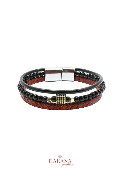 DAKANA JEWELLERY Certified Onyx Natural Stone Red Men's Leather Bracelet