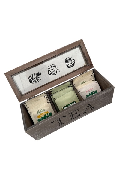 AHİR TİCARET Bambu-Ahşap 3 Bölmeli Kapaklı Çay Kutusu