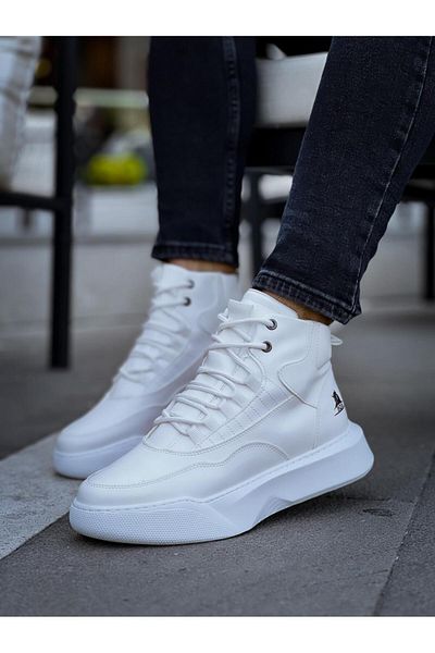 Byshoes BA0318 Lace-Up Men's High-Sole White Sports Boots