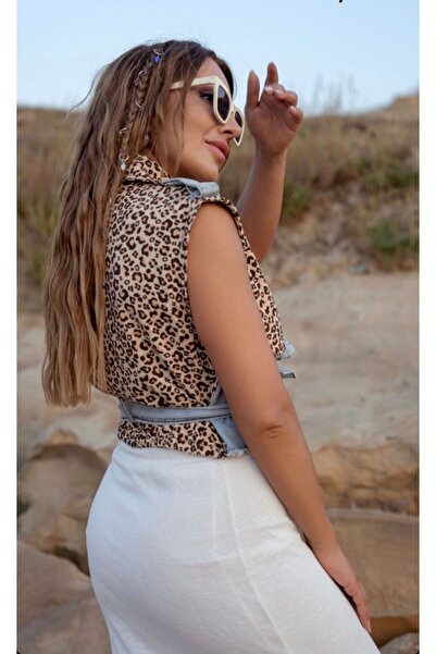 VETO Jeans Kadın Sırtı Leopar Ön Yarısı Leopar Mixli Jean Yelek