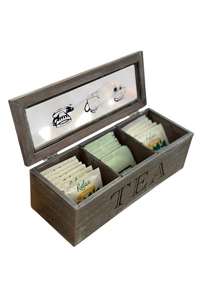 AHİR TİCARET Bamboo-Wood 3 Compartment Tea Box with Lid