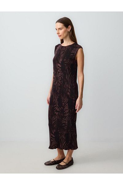 Jimmy Key Bitter Coffee Round Neck Print Sleeveless Knitted Midi Dress
