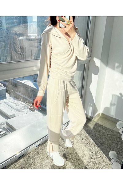 BUKETLİ Women's Double-breasted Hooded Top and Leg Lace-up Joger Pants Double Modal Set