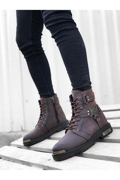 Byshoes BA0080 Gladiator Zippered Buckle Brown Men's Classic Sports Classic Half Ankle Boots