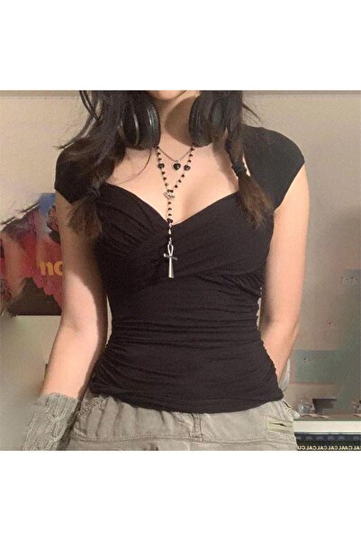 Pop Giyim Bluză de damă cu mânecă scurtă, neagră, cu decolteu inimă