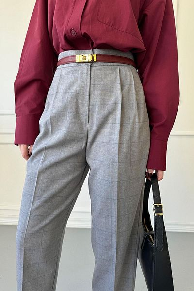 QİMYA BUTİK Magarde Women's Plaid Ankle Length Pleated Fabric Carrot Pants