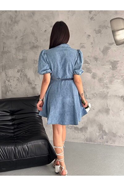 QİMYA BUTİK OREO pentru femei - mânecă cu balon, brâu cu talie snap, rochie scurtă din denim Tencell