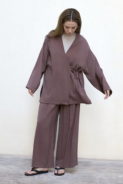 KADRİYE BAŞTÜRK Wrap Modal Shirt Pants Set Soil