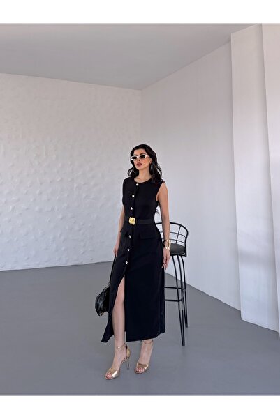 DİMA FASHİON Kadın Sıfır Kol Gold Aksesuarlı Elbise Trend Collection