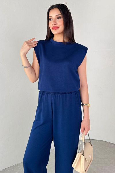 Cappmoda Tkm-13301 Navy Blue Padded Blouse & Elastic Waist Loose Trousers Double Set