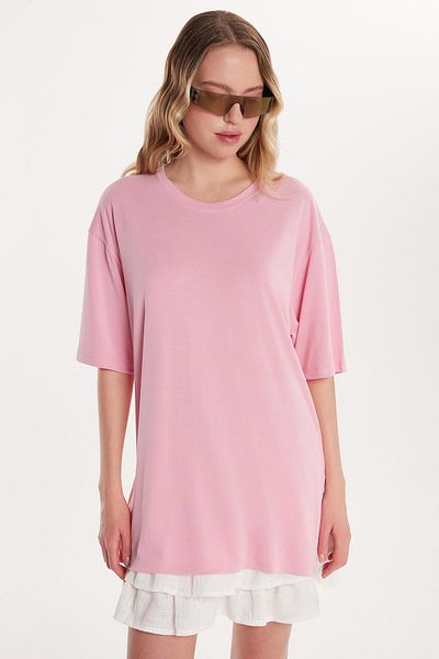 Tudors Tricou roz pentru femei, din țesătură modal, cu mânecă scurtă, cu decolteu rotund