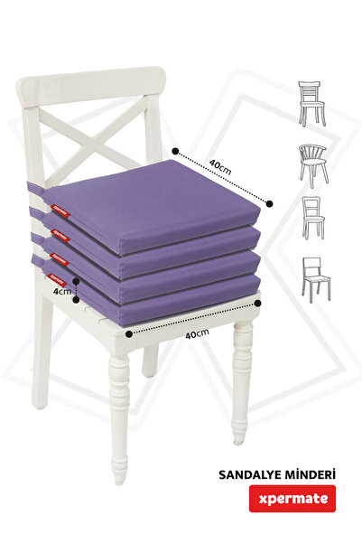XPERMATE Fermuarlı 4'lü Sandalye Minderi Su Itici Kumaş 40x40 Cm Sünger Sandalye Minderi Bağcıklı Mor
