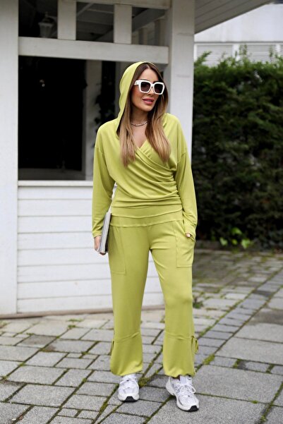 BUKETLİ Women's Double-breasted Hooded Top and Leg Lace-up Joger Pants Double Modal Set