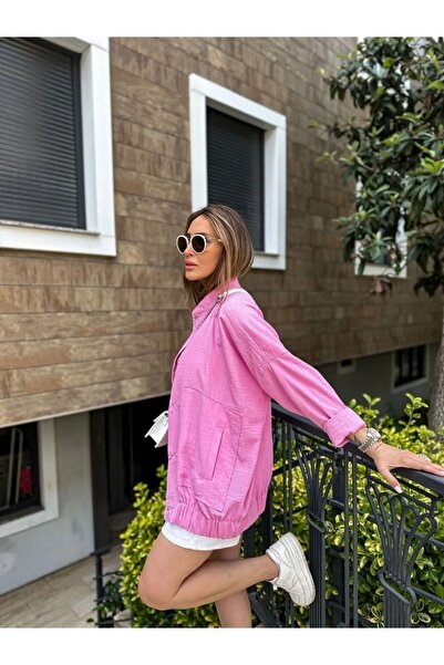 EGZOTİK ASORTİK Linen Look Low Sleeve Basen Length Bomber Long Jacket