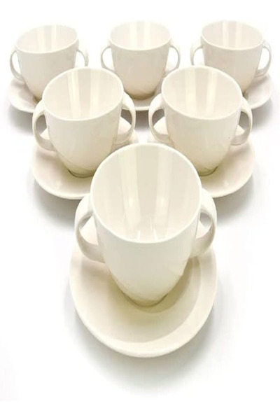 QUALITIER طقم أكواب حساء مع صحون من 12 قطعة - سيراميك أبيض، 37×25×12.5 سم