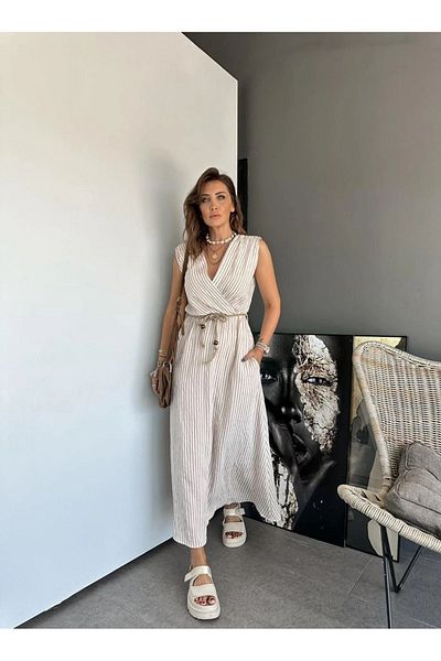 QİMYA BUTİK EXOTIC ASORTIC - Striped Straw Belted Double Breasted Collar Sleeveless Women's Dress