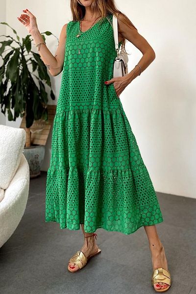 Suzi Rochie verde cu scoici, 100% bumbac, fără mâneci, lungime midi 26096