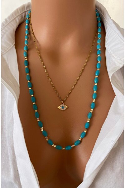 TARZ-I TAKI (قلادة مزدوجة) حجر طبيعي أزرق فيروزي نموذج شعير 60 سم وسلسلة فولا...