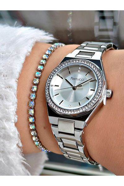 Ferrucci Silver Color Minimalist Stone Model Women's Wristwatch + Bracelet