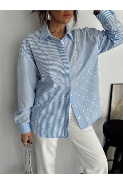 QİMYA BUTİK Cămașă elegantă pentru femei KLEIN cu dungi cu piatră