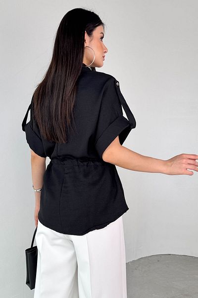 Cappmoda Gml-10263 Black Waist Tie Sleeve Button Detail Short Sleeve Shirt
