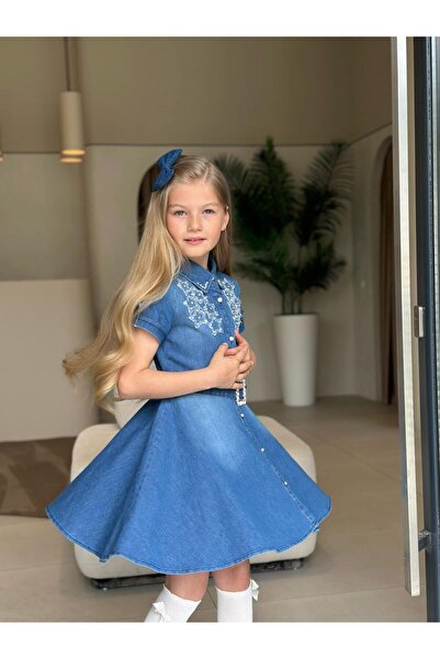 ugurbocegicocukdunyası Κοριτσίστικο φόρεμα 5 τεμαχίων με μοντέρνο σχέδιο, με λεπτομέρεια κεντήματος, κομψό και άνετο τζιν φόρεμα με ζώνη