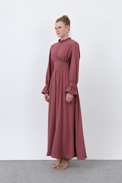 Puane Kadın Beli Korsajlı Yakasıl Detaylı Elbise -12614ELB - ROSE