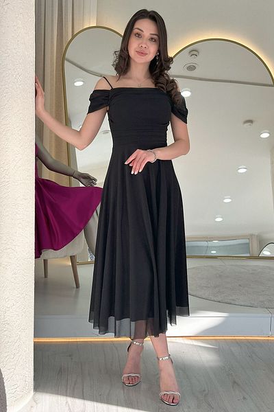 zks grup tekstil Women Midi Length Flared Strap Off Shoulder Evening Dress Navy Blue, Burgundy, White, Purple, Black, Lilac