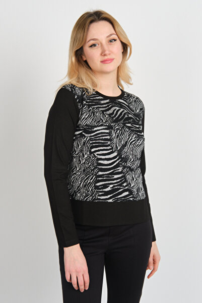 Sistas Women's Crew Neck Patterned Short Front Long Back Blouse 24595 Black-Ecru